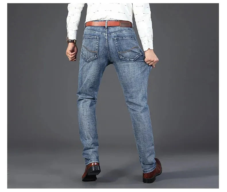 Wthinlee New Business Men's Jeans fleece Casual Straight Stretch Fashion Classic Blue Black Work Denim Trousers Male  Clothing