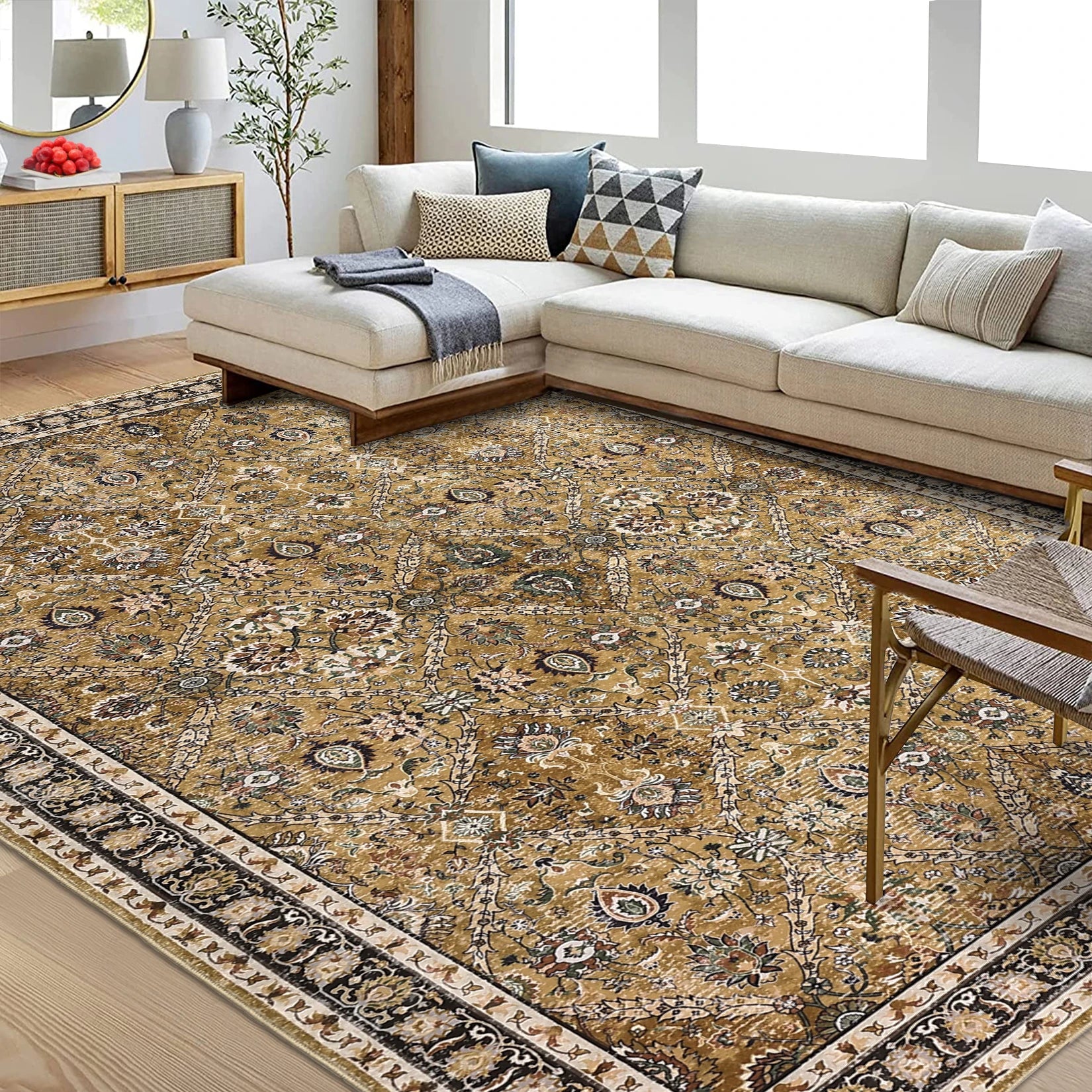 Rug for Living Room, Machine Washable, Non-Slip,Stain & Water Resistant, Low-Pile Moroccan Trellis Hallway Vintage Foldable Rug
