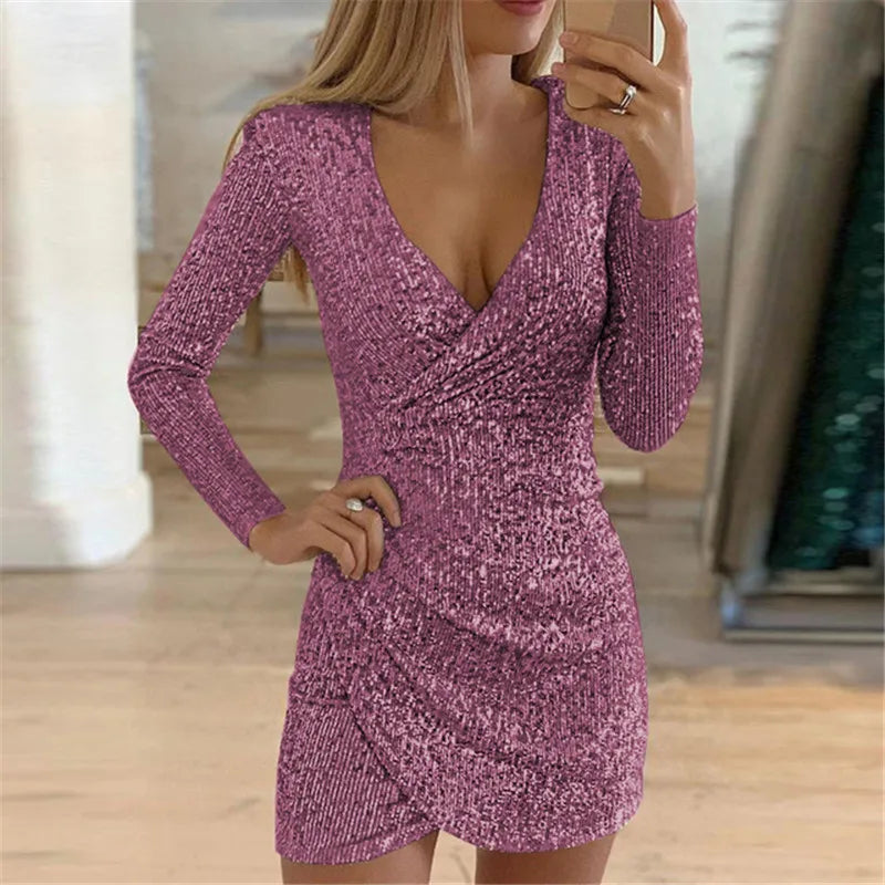 Sexy Deep V-Neck Silver Sequin Mini Bodycon Dress Spring Autumn Long Sleeve Party Dress Female