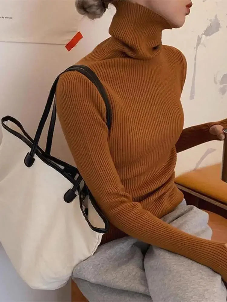 Women Turtlneck Sweater Elegant Solid Basic Knitted Tops Casual Pullover Korean Fashion Simple with Thumb Holes Chic Clothes