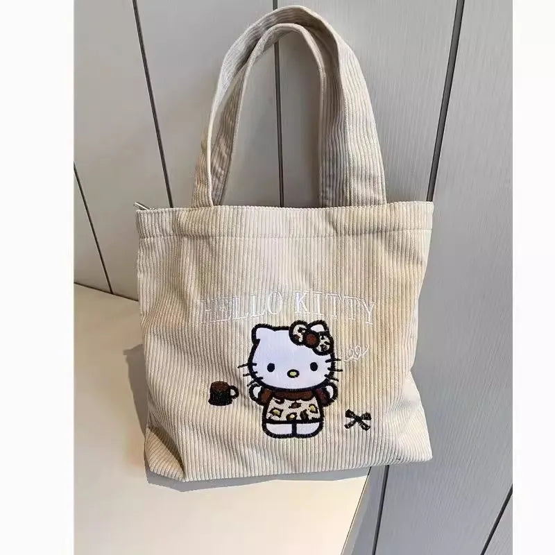 New Hello Kitty Handbag Cute Embroidered Large-Capacity Cartoon Handbag Corduroy Small Bag Students School Single Shoulder Bag