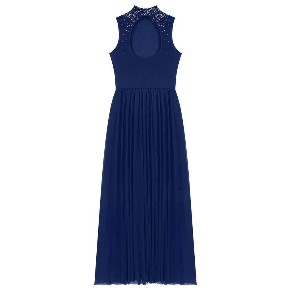 Womens Lyrical Dance Dresses Mock Neck Wide Hemline Shiny Rhinestones Maxi Dress Sleeveless Modern Contemporary Leotard Dresses