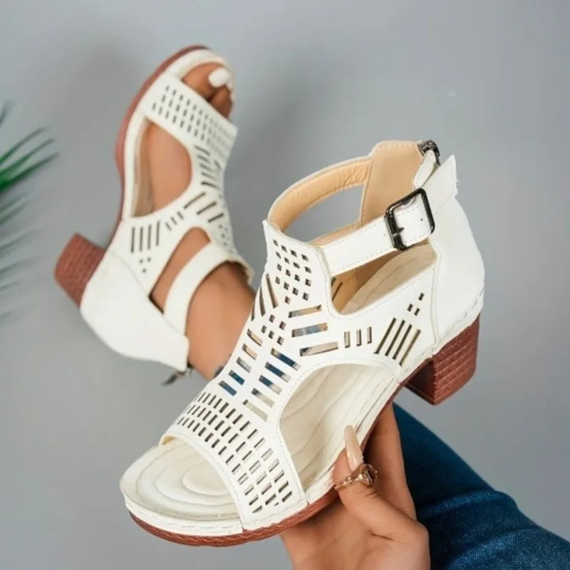 Thick Heeled Sandals Summer Breathable Hollow Out Sandals for Women Retro High Heels Roman Sandalias