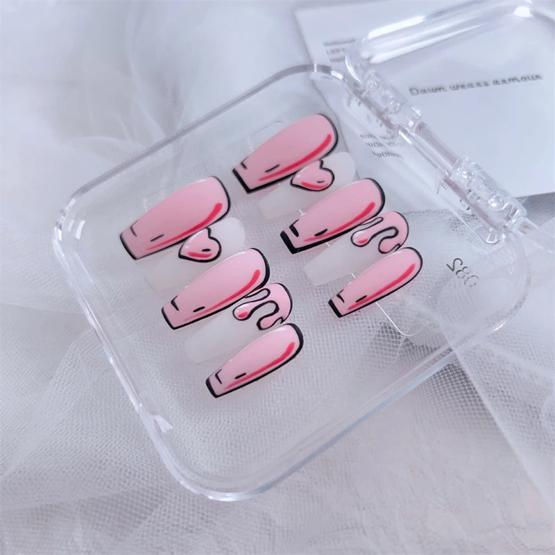Handmade Cute Press on Nails 3D Comic Fake Nails Dreamy Pink Hearts Acrylic False Nails Full Cover Finger Tips Kit Nail Art Girl