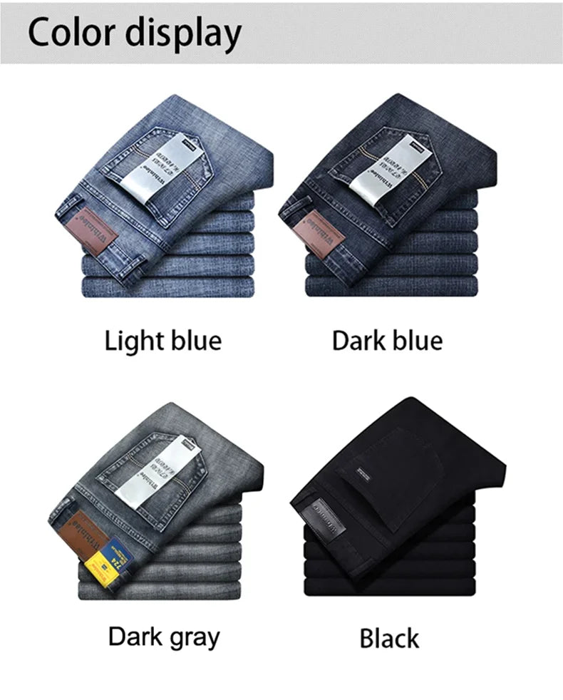 Wthinlee New Business Men's Jeans fleece Casual Straight Stretch Fashion Classic Blue Black Work Denim Trousers Male  Clothing
