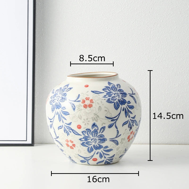 Red and White Porcelain Vase Elegant Classical Flowers Pot