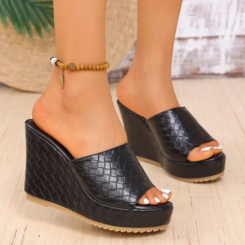 Chunky Platform Wedges Sandals Women Sexy Peep Toe Black Pu Leather Weave Slides Woman Super High Heel Anti Slip Sandalias Mujer
