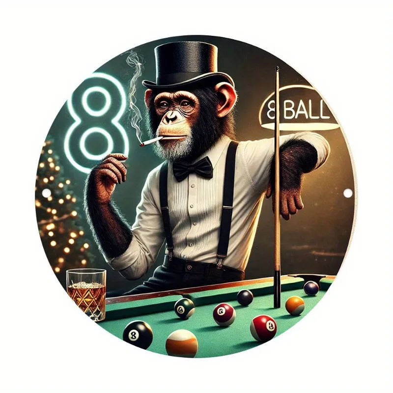 Round Aluminum Sign with Cue Balls & Table Design - Pool Hall, Game Room, Bar Decoration - Perfect Gift for Billiards Players