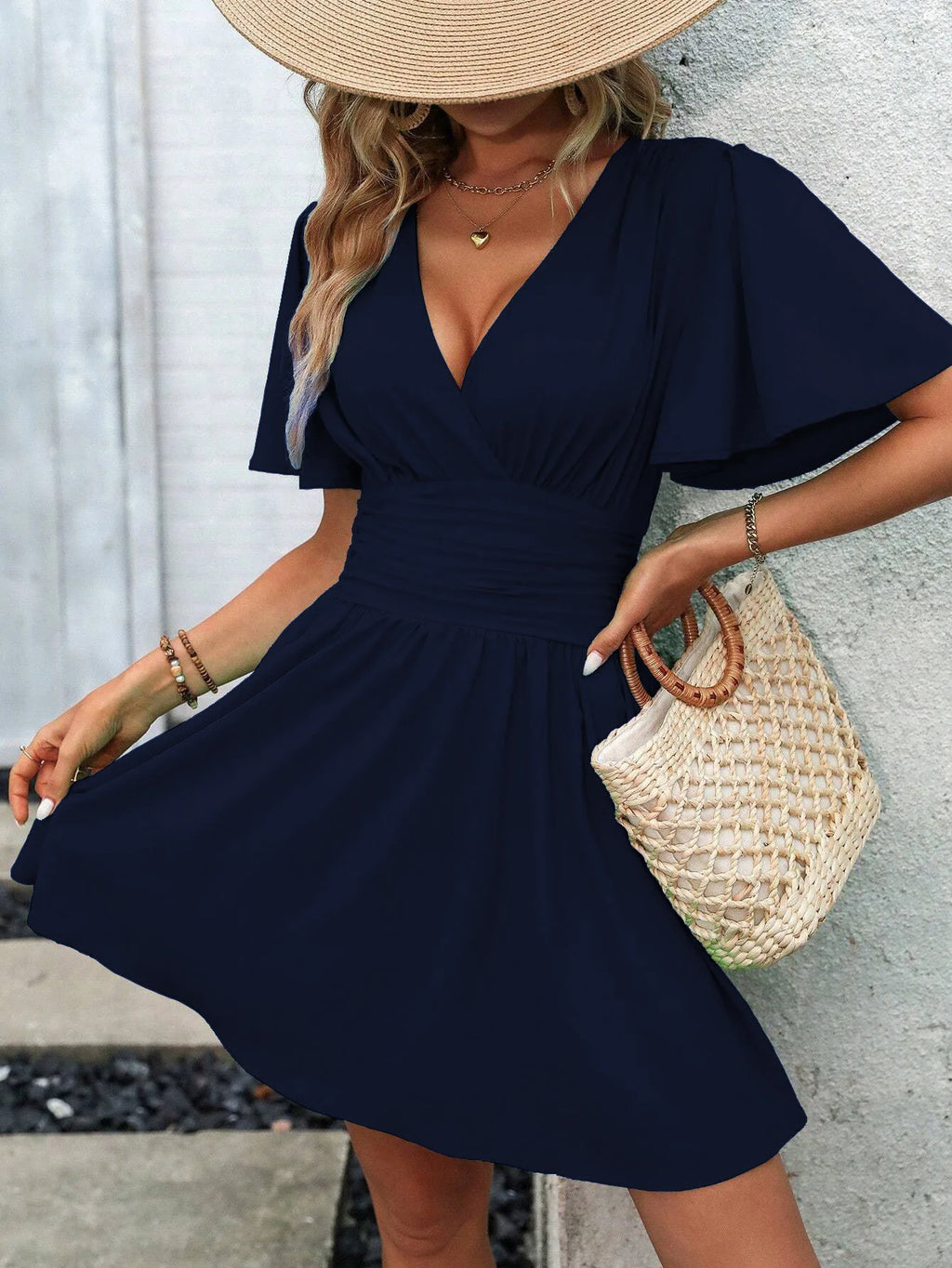 Woman Summer V-Neck Ruffled Sleeve Solid Color Dress Woman Clothing Tops Skirts Y2k Clothes