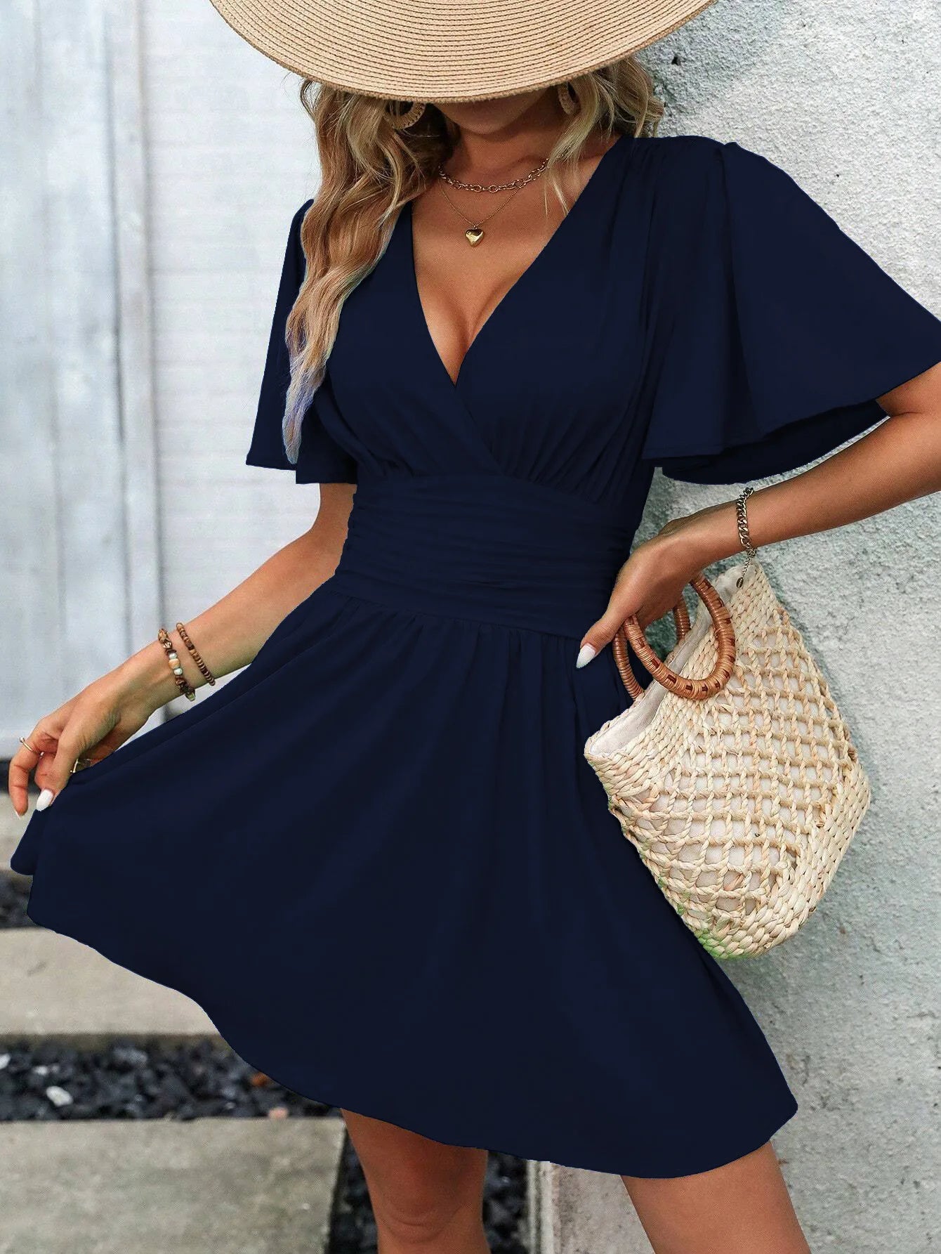 Woman Summer V-Neck Ruffled Sleeve Solid Color Dress Woman Clothing Tops Skirts Y2k Clothes