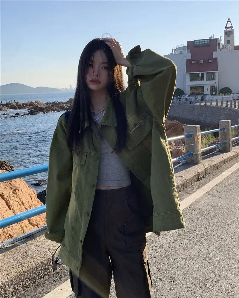 Women Jacket Vintage Workwear Denim Coat