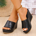 Chunky Platform Wedges Sandals Women Sexy Peep Toe Black Pu Leather Weave Slides Woman Super High Heel Anti Slip Sandalias Mujer