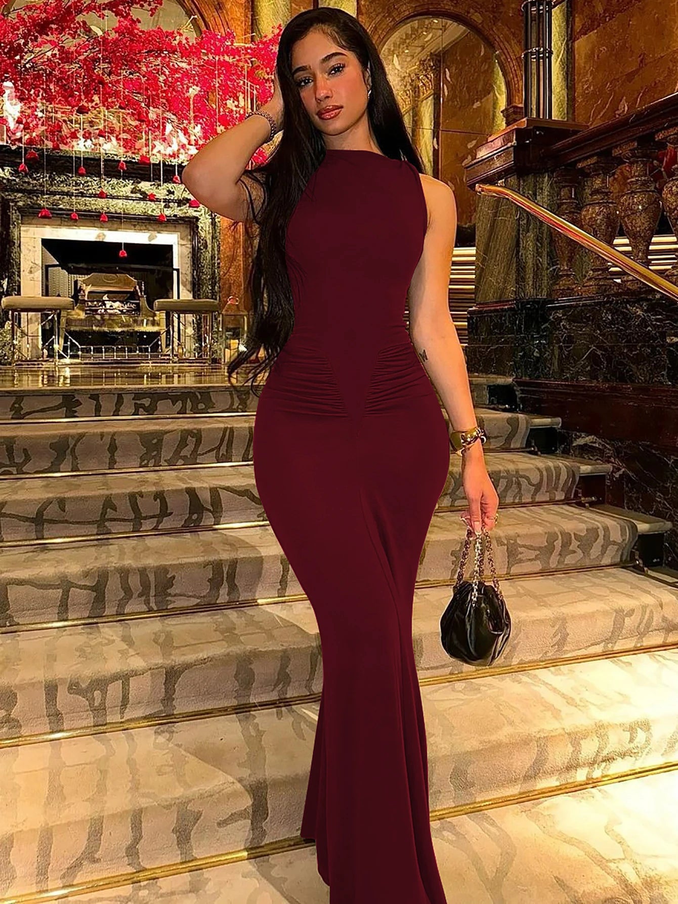 Dulzura Elegant Long Dress Ruched Bodycon Sleeveless Solid Dresses Lady Cocktail Party Wedding Guest Formal Women Clothes 2024