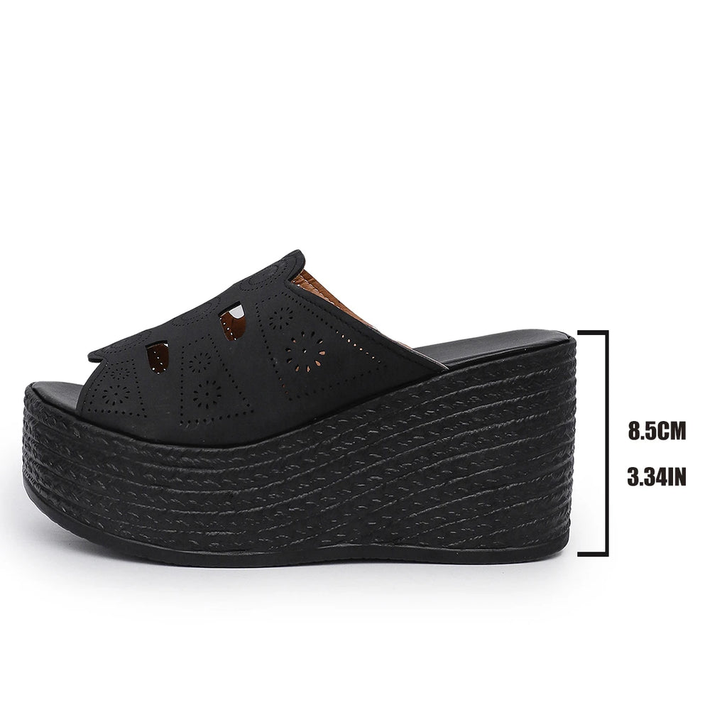 Women Fashion Hollow Out Wedge Heel Sandals Peep Toe Chunky Platform Sandals Summer Anti Slip Thick Bottom Beach Slippers