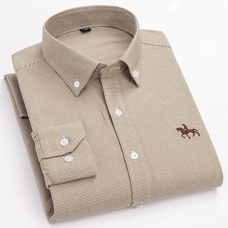 Basic Oxford Dress Shirt For Men Long Sleeve 100% Pure Cotton Solid  Casual Plaid Striped Social Business Male Regular-Fit S-6XL