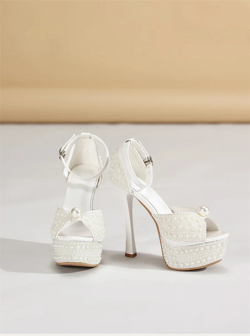 Liyke Sexy Black White High Heels Platform Sandals Women Summer Fashion Design Pearl Peep Toe Wedding Prom Shoe Zapatos De Mujer