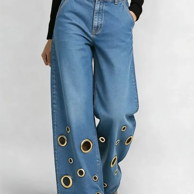 Women's High Waist Wide Leg Jeans with Gold Eyelets