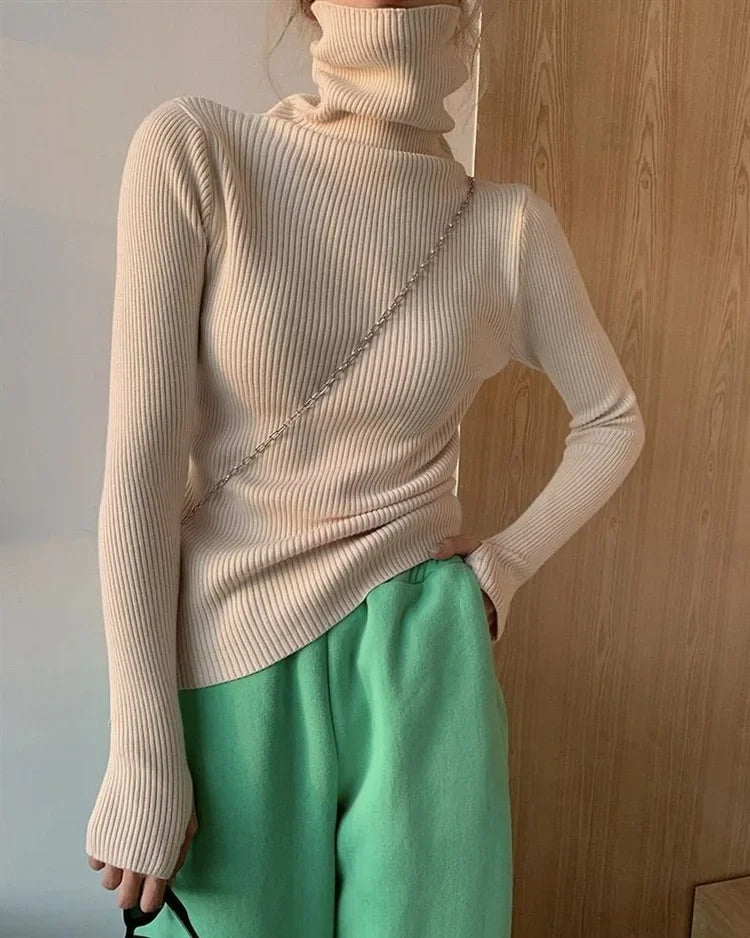 Women Turtlneck Sweater Elegant Solid Basic Knitted Tops Casual Pullover Korean Fashion Simple with Thumb Holes Chic Clothes