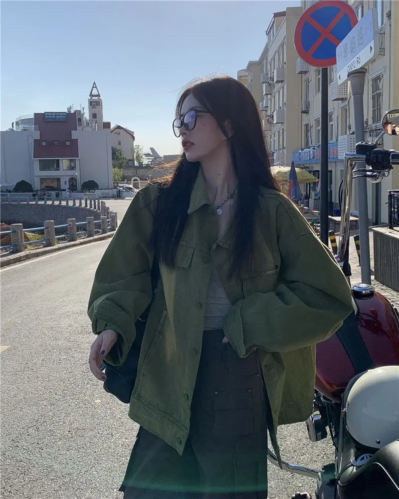 Women Jacket Vintage Workwear Denim Coat