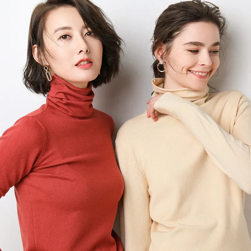 Turtleneck Women Sweater Warm Winter Solid Korean Stretch Slim Lady Jumpers Cashmere Black Sweater Pullover Femme Basic Knitwear