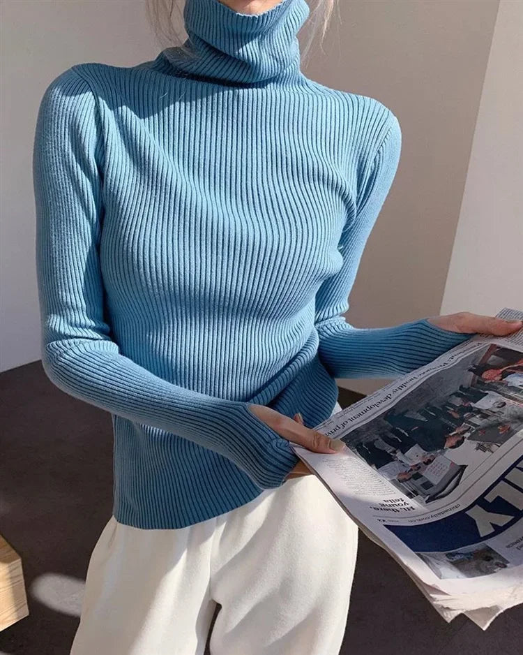 Women Turtlneck Sweater Elegant Solid Basic Knitted Tops Casual Pullover Korean Fashion Simple with Thumb Holes Chic Clothes