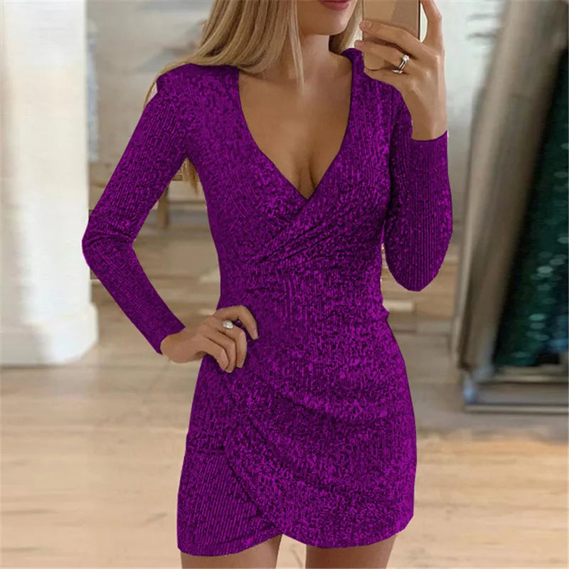 Sexy Deep V-Neck Silver Sequin Mini Bodycon Dress Spring Autumn Long Sleeve Party Dress Female