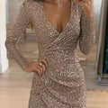 Sexy Deep V-Neck Silver Sequin Mini Bodycon Dress Spring Autumn Long Sleeve Party Dress Female