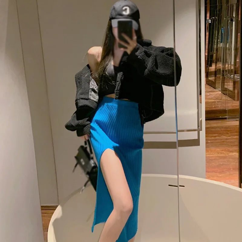Women Sexy Split Bodycon Long Skirt  Elegant Slim Fit High-Waisted Skirts Female Pure Desire Hot Girl Knitted Elastic Dress