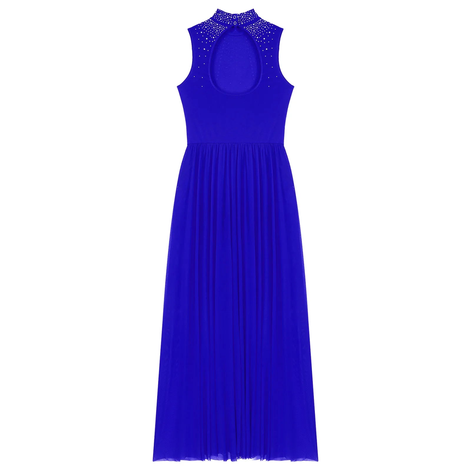 Womens Lyrical Dance Dresses Mock Neck Wide Hemline Shiny Rhinestones Maxi Dress Sleeveless Modern Contemporary Leotard Dresses