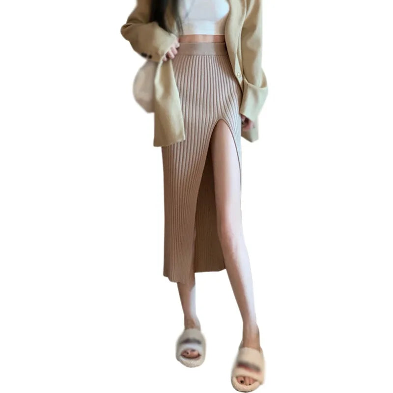 Women Sexy Split Bodycon Long Skirt  Elegant Slim Fit High-Waisted Skirts Female Pure Desire Hot Girl Knitted Elastic Dress