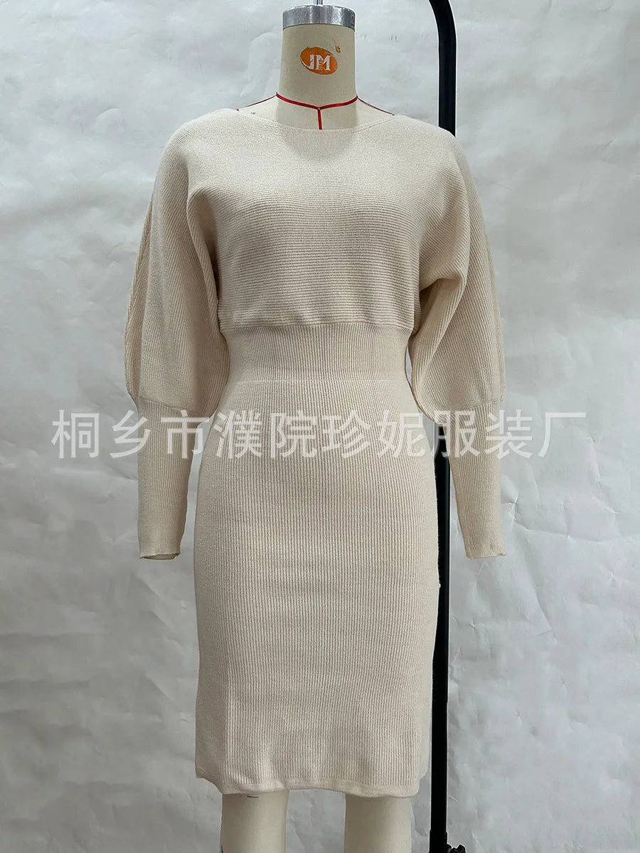 Women Knit Dress Sweater Long Sleeve Round Neck Slim Fit Dresses Tight Waist Thick Warm Vestidos Elegant Lady Skinny Autumn