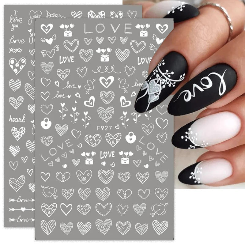 1PCS New Black White Love Heart English Alphabet Nail Art Sticker Nail Decoration Decal DIY Valentine's Day 3D Adhesive Stickers