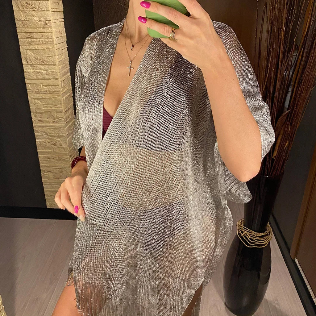Solid Bikini Cover Up Tassel Beach Dress Tunics Swimsuit Bathing Suit Women Shining Cover Ups for Swimwear Women Pareo Plage