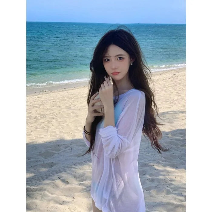 Bikini Swimsuit Cover up Women's Loose Thin Outerwear Casual Sle Long Sve One oulder T Top for Beach Vaion