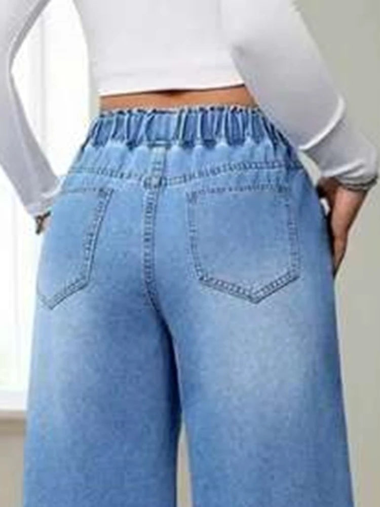 Elastic Waist Wide Leg Floor-Length Pants European American Trend Loose Casual High Waist Women Denim Jeans
