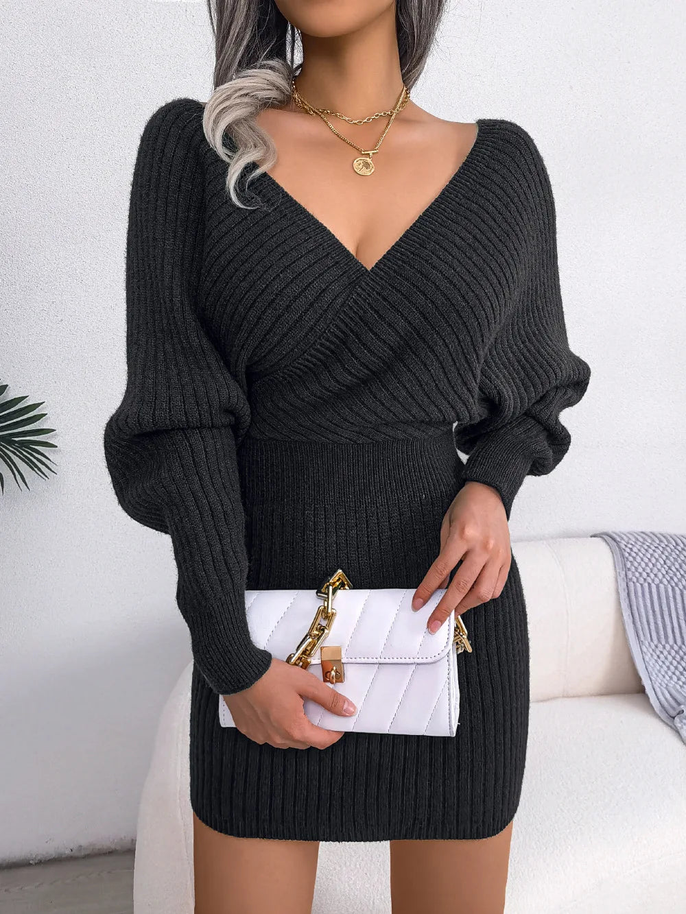 Women's V Neck Waist Tie Sweater Dress - Bodycon Long Sleeve Solid Knit for Fall Winter Holiday Party