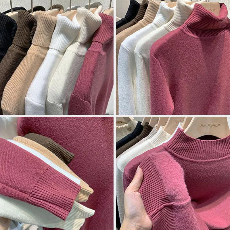 Women's Turtleneck Sweater Winter Long Sleeve with Velvet Lining Warm Knitting Pullover Woman Solid Thickened Bottoming Jumpers