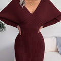 Women's V Neck Waist Tie Sweater Dress - Bodycon Long Sleeve Solid Knit for Fall Winter Holiday Party