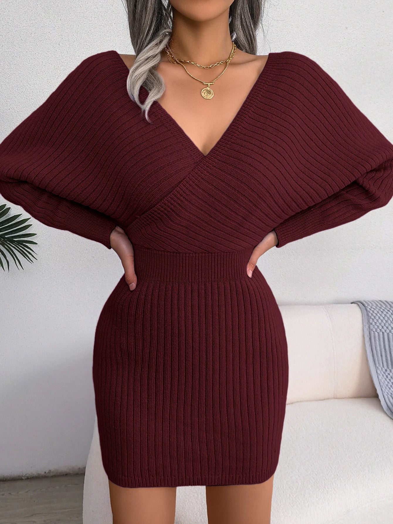 Women's V Neck Waist Tie Sweater Dress - Bodycon Long Sleeve Solid Knit for Fall Winter Holiday Party