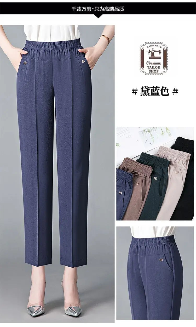 Office Lady Vintage Loose Straight Pants Spring Summer Thin Women Streetwear Fashion Casual Elastic High Waist Cropped Trousers