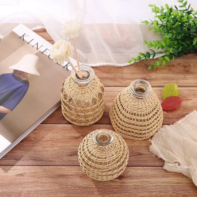 Japanese Style Hand-woven Glass Aroma Vase Small Diameter Dried Flowers Dining Table Decoration Plant Pots Decorative