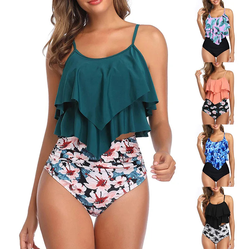 Swimwear Ruffles Women Suits Two Piece Sets Printed Beachwear High Waist Bikini Set Bottoms Push Up Tankini Swimsuits Women