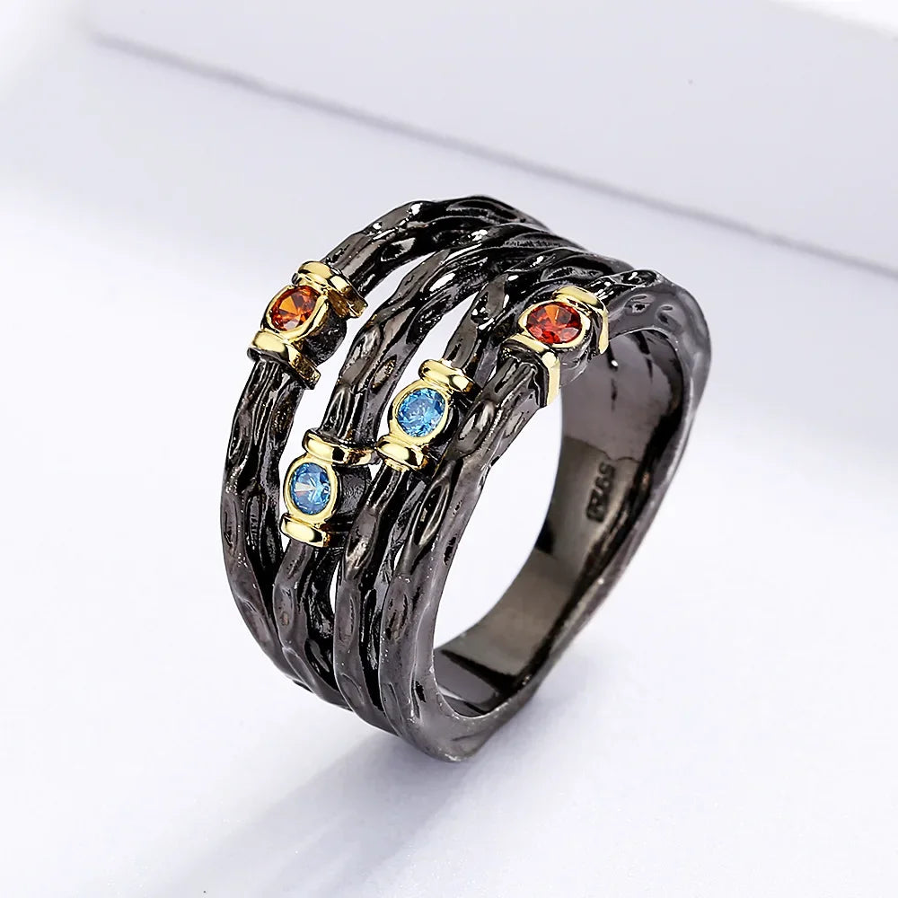 925 Stamp Inlaid with Colorful Zircon Women's Ring Multi-layer Irregular Black Gold Jewelry Women's Party Birthday Gift