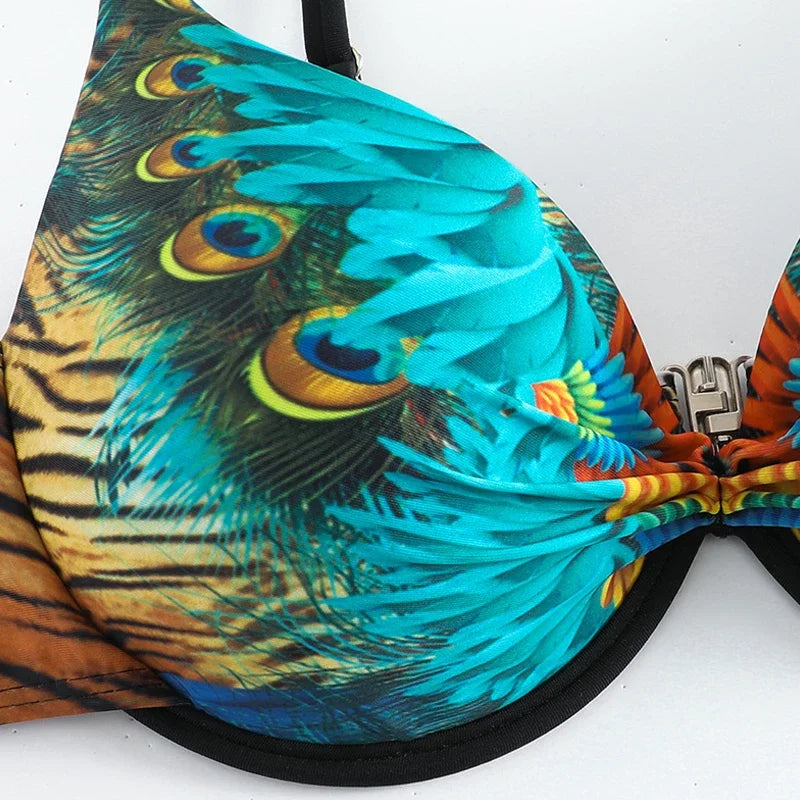 Green Peacock Print Bikini Set 2026 – Rhinestone Low Waist Thong Swimsuit