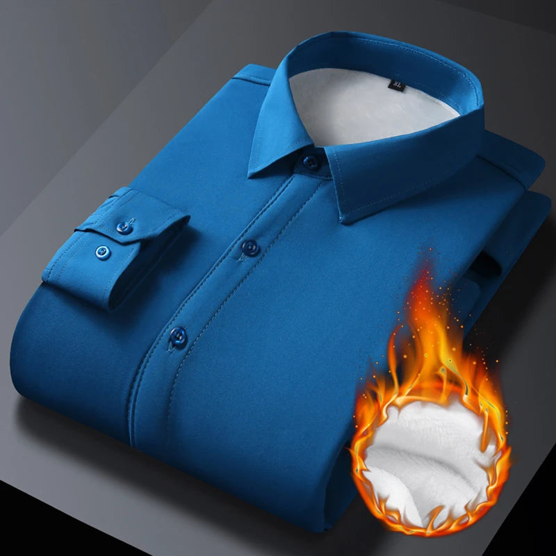 Winter and autumn men's long-sleeved warm-weather shirts for business and casual wear, non-stretchable men's clothing