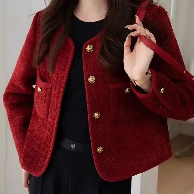 Spring Autumn New Red Tweed Small Fragrance Coat Short Blazers Korean Fashion Elegant Female Tops Outerwear