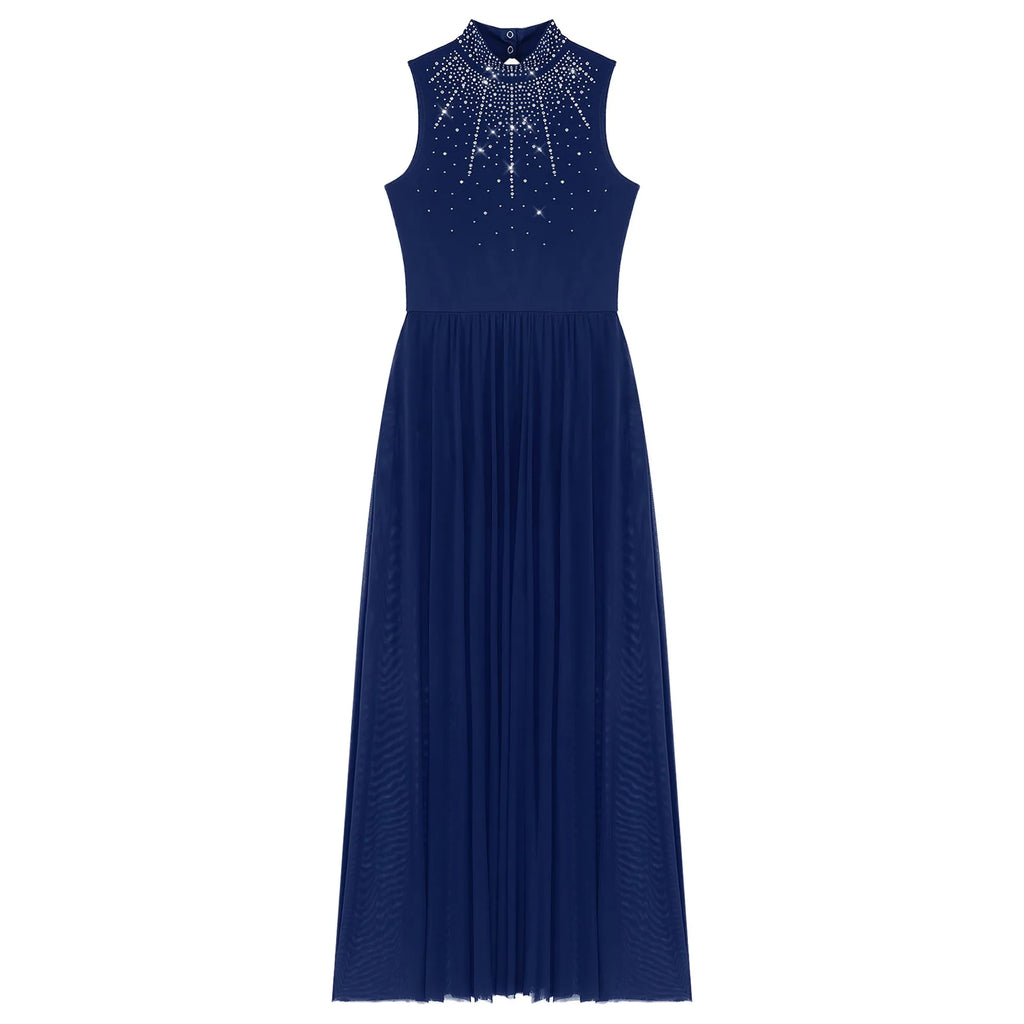Womens Lyrical Dance Dresses Mock Neck Wide Hemline Shiny Rhinestones Maxi Dress Sleeveless Modern Contemporary Leotard Dresses