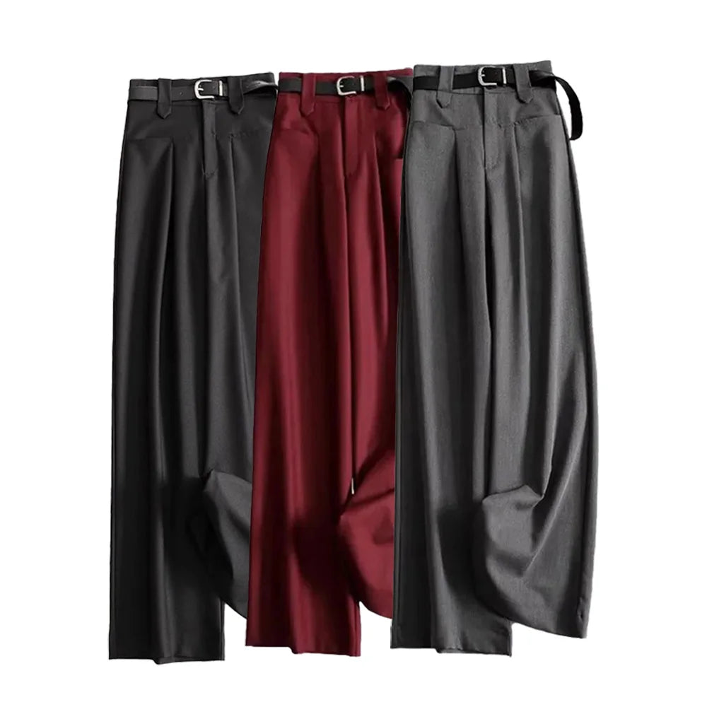 Suit Pants Ankle-Length Solid Office Lady High Waist Sashes Loose Straight Women's Pants Trousers For Women Clothing Fashion