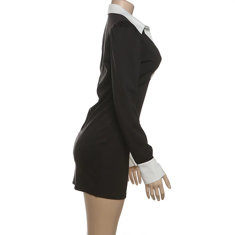 2025 Autumn Color Patchwork Mini Dress Women Fashion Turn Down Collar Long Sleeve Slim Bodycon Streetwear Office Lady Outfits