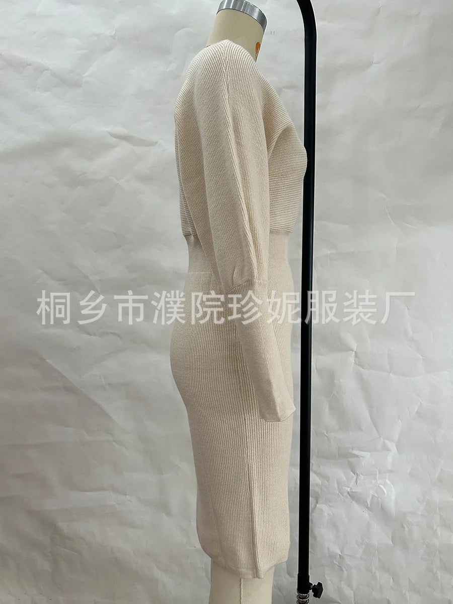 Women Knit Dress Sweater Long Sleeve Round Neck Slim Fit Dresses Tight Waist Thick Warm Vestidos Elegant Lady Skinny Autumn